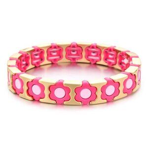 Flower Enamel Bracelet Women Tile Floral Charm Pink Gold Stretch Vintage Girly